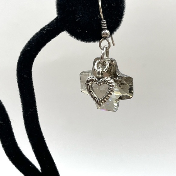 Brighton Crystal Karma Cross Earrings with Heart Charms Silver Plated Dangle - Picture 8 of 12